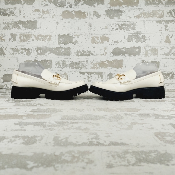 NEW Nordstrom Open Edit White Faux Patent Gold Chunky Academia Loafers C433 - Picture 7 of 14
